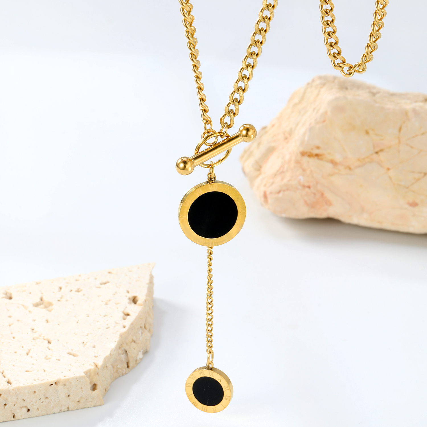 Minimalist OT Buckle Black Dial Necklace, Gold-plated